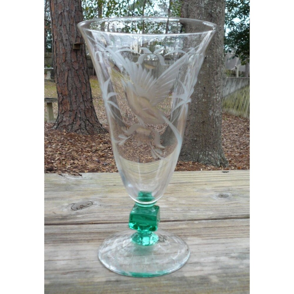 1940's Glastonbury Lotus Bird of Paradise Iced Tea Glass 6 7/8" Green Stem USA